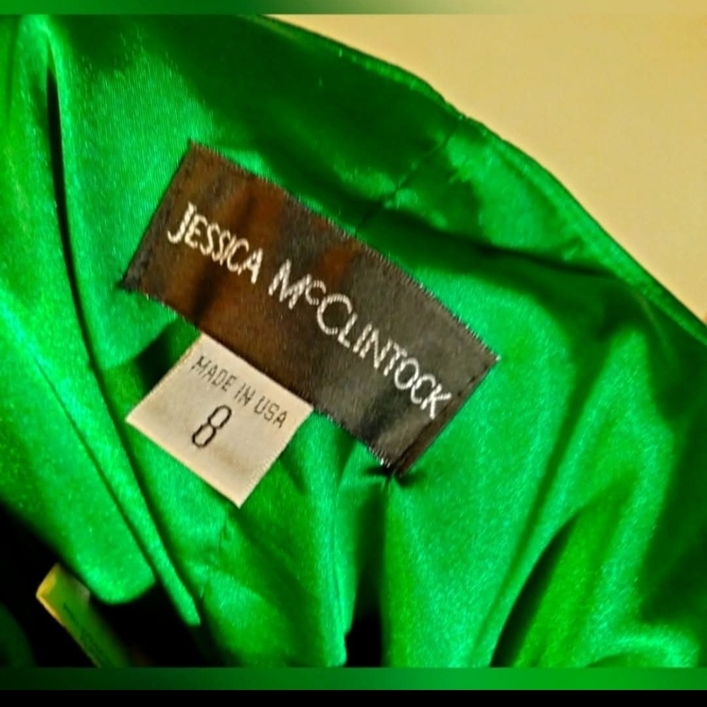 Jessica McClintock Emerald Green Satin Ruched Mini Dress - Picture 5 of 5